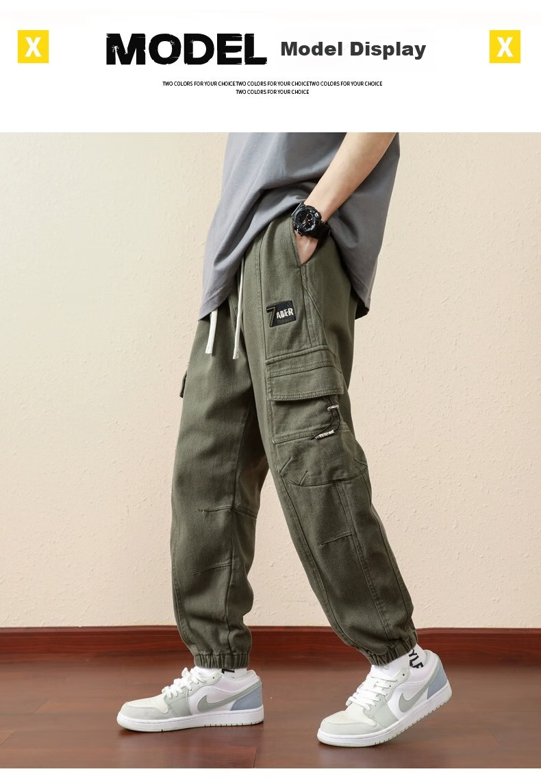 Homlean Army Green American-Style Loose Casual Cargo Pants, Summer Trendy Brand, Elastic Ankle, Pure Cotton, Plus Size Long Trousers, K501 Army Green 2XL 8
