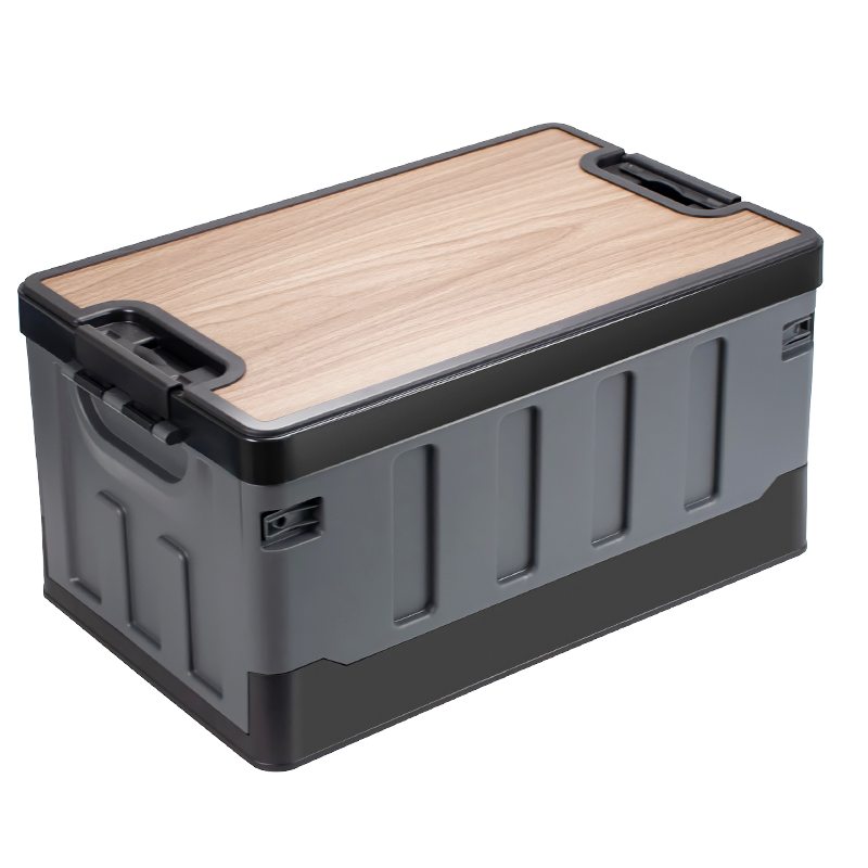 YUECAR Car Trunk Storage Box, Vehicle Storage Container, Outdoor And Home Use Folding Organizer Box, Wooden Lid, Large Size 60L - Black
