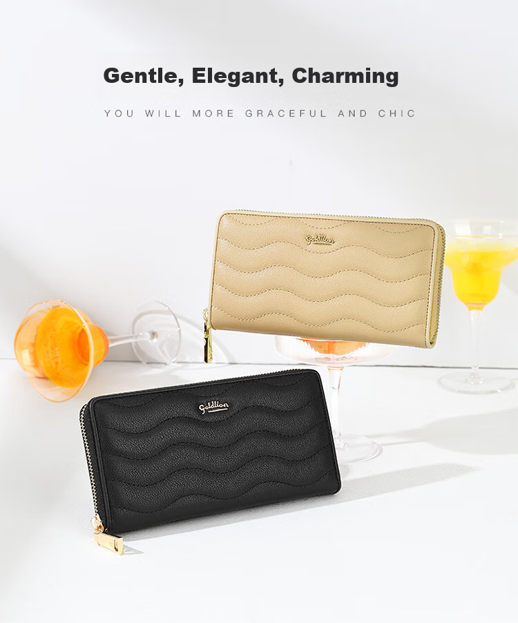 Goldlion Women's Long Wallet, Top-Grain Leather Simple Large-Capacity Clutch Purse Gift Box, Birthday Present 2