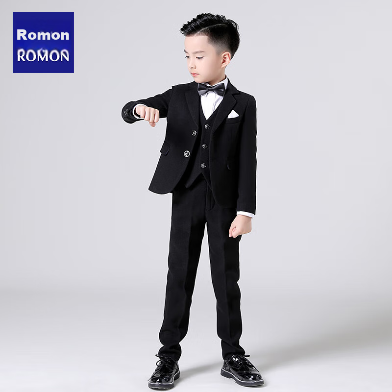 Luomeng Children's Suit Set, Boys' Flower Boy Formal Wear, Autumn Wool Suit for Boys' Piano Performance, Black Wool 5-Piece Set, Size 140