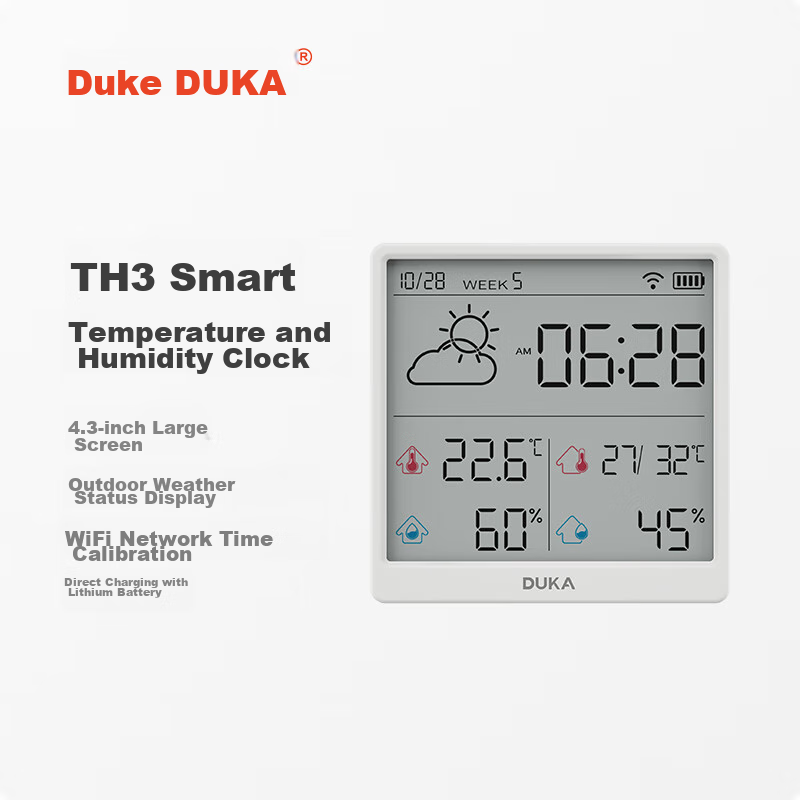 DUKA Indoor Thermometer Hygrometer with Clock, WiFi Smart Home Digital Display Electronic Clock, Removable And Standable TH3 White