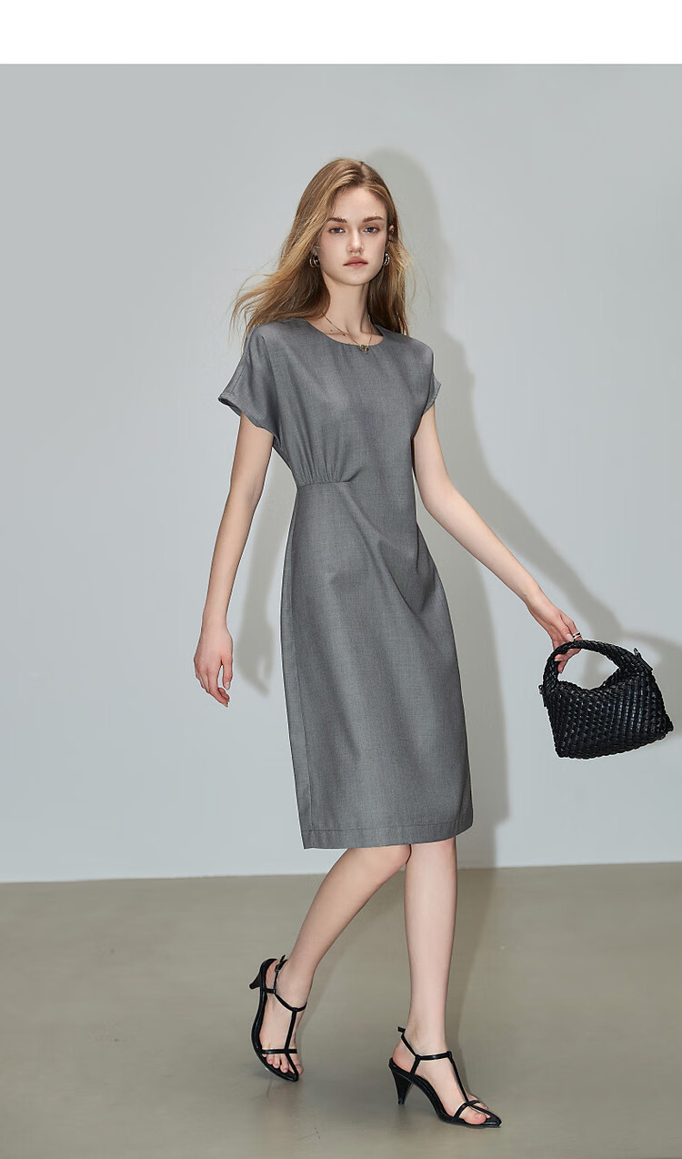 Dme Elegant Large Women's Summer Round Neck Waist-Cinching Urban Asymmetric Pleated Lightweight Commuter Short-Sleeve Dress for Wome 9
