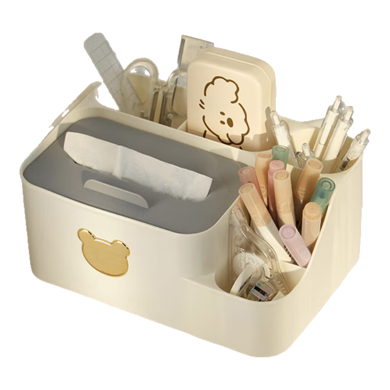 Sannianerban [Back to School Essential] Bear Pen Holder, Large Capacity Storage Box, Student Luxurious Simple Pen Container, Creative Stationery, Office Desk Tissue Organizer Decoration, White Large Size