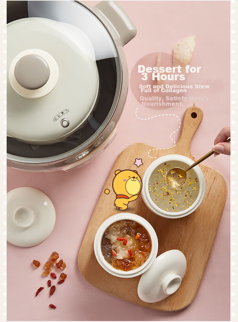 Bear Electric Slow Cooker, Soup Pot for 3-4 People, Stew Pot, Bird's Nest Cooking Pot, Soup Stewing Pot, Baby Food Cooker, DDZ-C25X6 4L with Steamer Basket 13