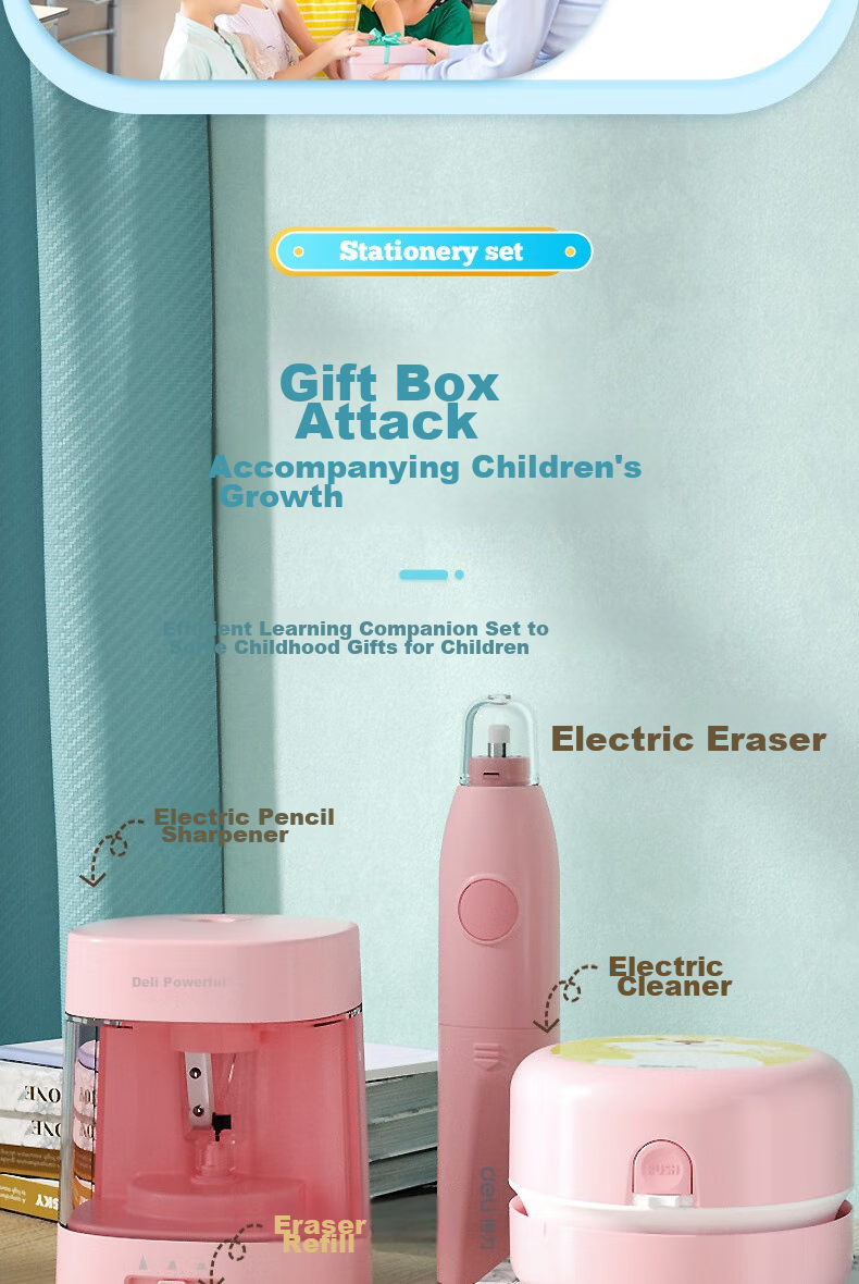 Deli Student Dual Power Electric Stationery Gift Box Set Including Electric Pencil Sharpener, Hole Pencils, Desktop Vacuum Cleaner, Eraser, Exam Supplies, Kindergarten Back-To Stationery, Birthday Gift 4
