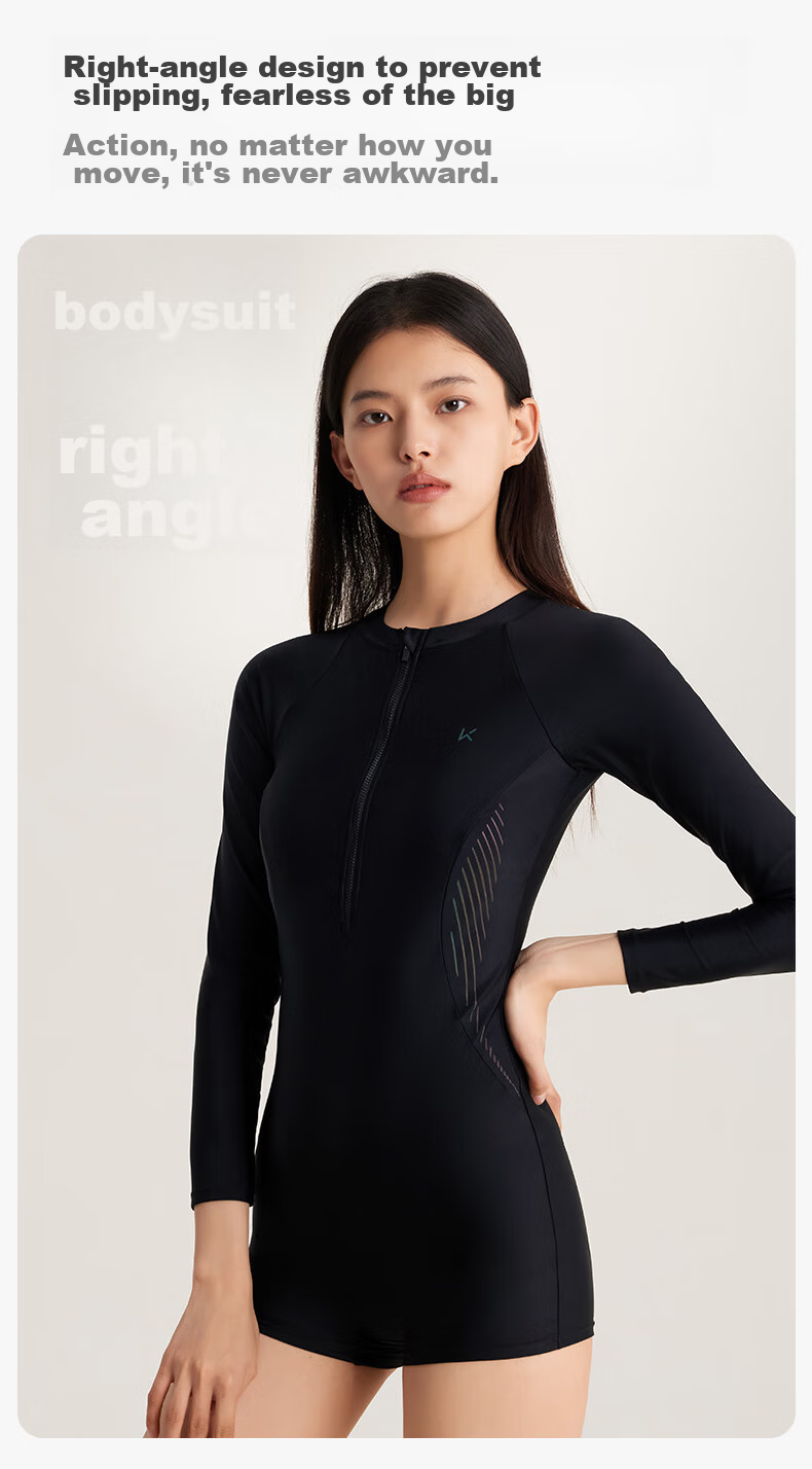 Keep Women's One-Piece Long-Sleeve Boyleg Swimsuit, Professional Training Conservative Plus Size Swimwear, 603 Black, L 12