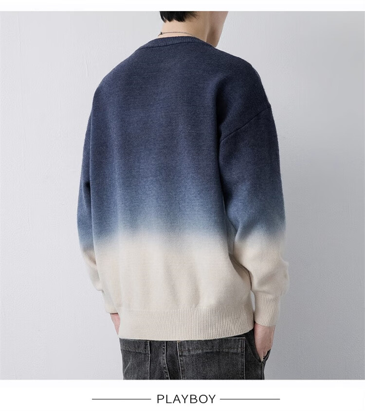 PLAYBOY Men's Crew Neck Sweater Autumn Winter Knitwear Jacket Blue and White 3XL 9