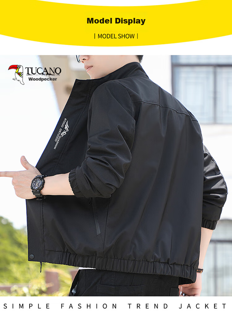 TUCANO Jacket for Men, Spring And Autumn Loose Fit Stand Collar Versatile Casual Coat Trendy Comfortable Outerwear Men's Clothing, Black, 3XL 8