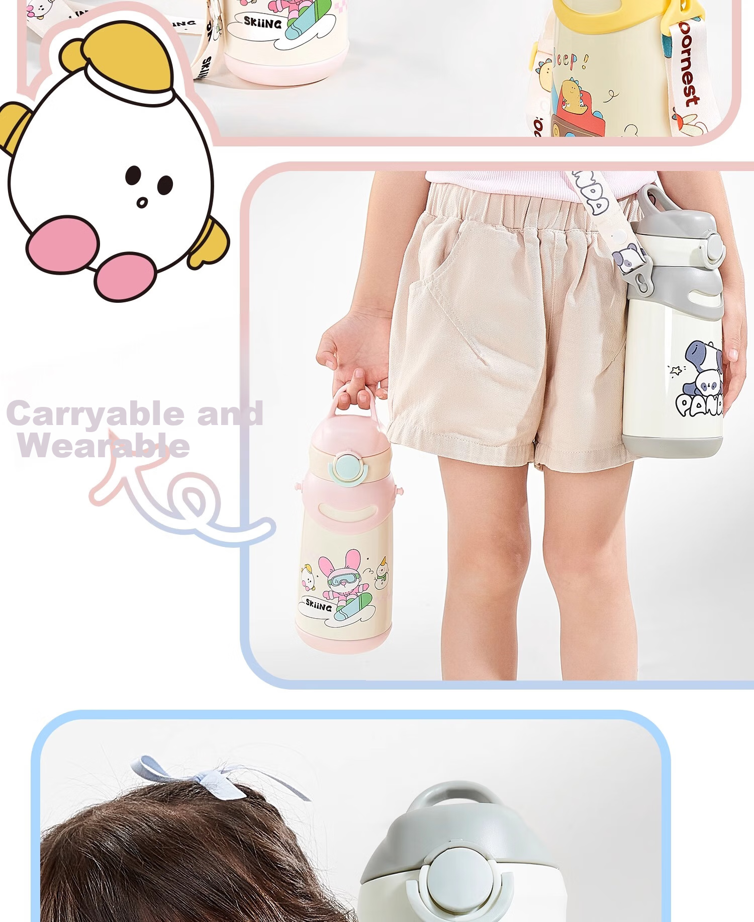 Scoornest Children's Straw Thermos Cup, Student Water Bottle, Kindergarten Straw Cup, Outdoor Use, 316 Stainless Steel Milk Bottle Water Jug 16