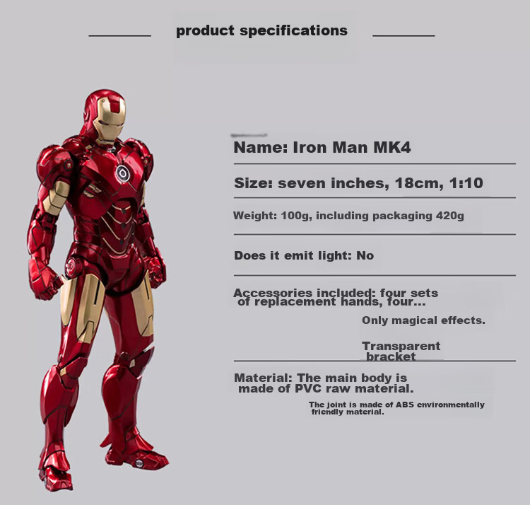 Marvel Iron Man MK4 Action Figure, Articulated Joint Display Model, Birthday Gift for Boys 6