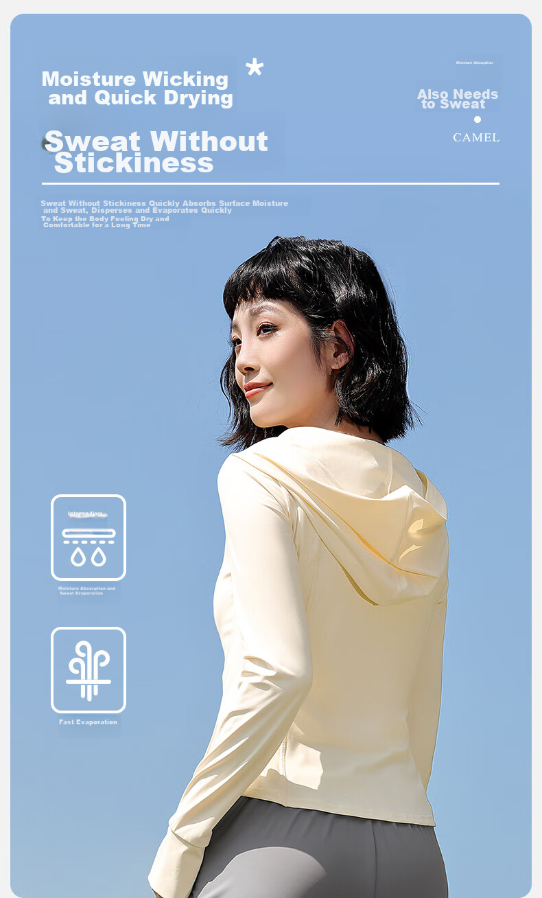 CAMEL Quick-Dry Sun Protection Jacket for Women, Original Yarn Ice-Feel Outdoor Sports Hoodie, Slim-Fit New Summer Top Coat 36