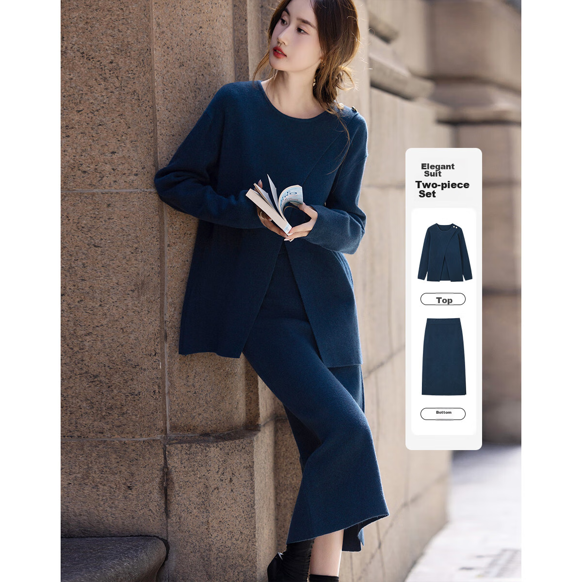 Dme [Xianzhi Qiuguang] Spring And Autumn New Lazy French-Style Set, Fleece Yarn, Relaxed Fit, Concealing Knit Two-Piece Set for Wome