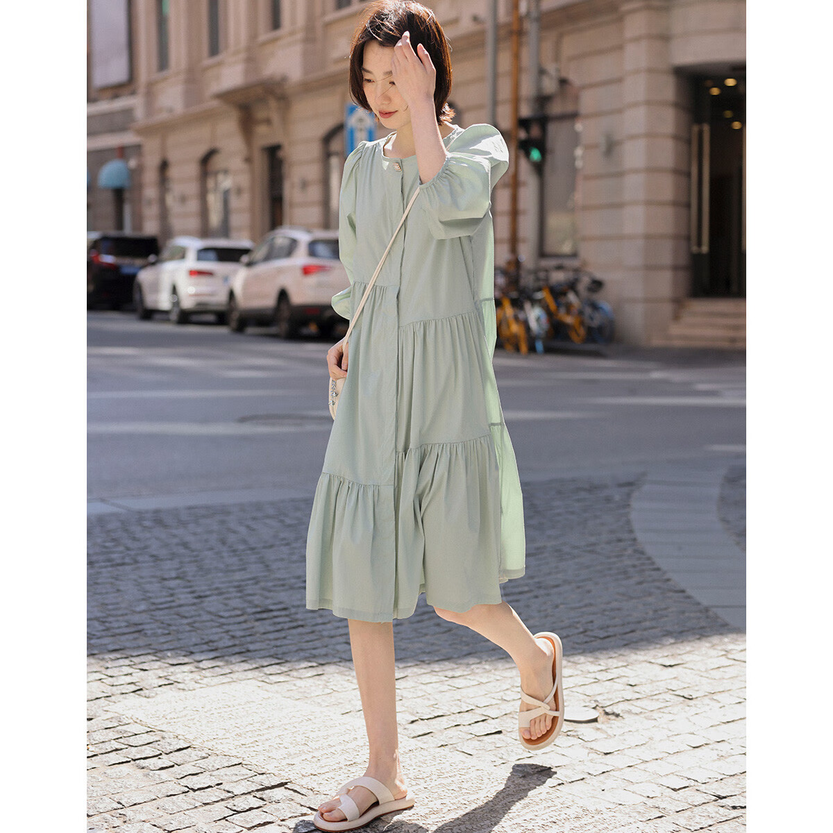 Dme [Puff Sleeve Dress] Summer Style, Mint Mambo Color, asymmetrical Tea Break Sleeve Dress for Wome