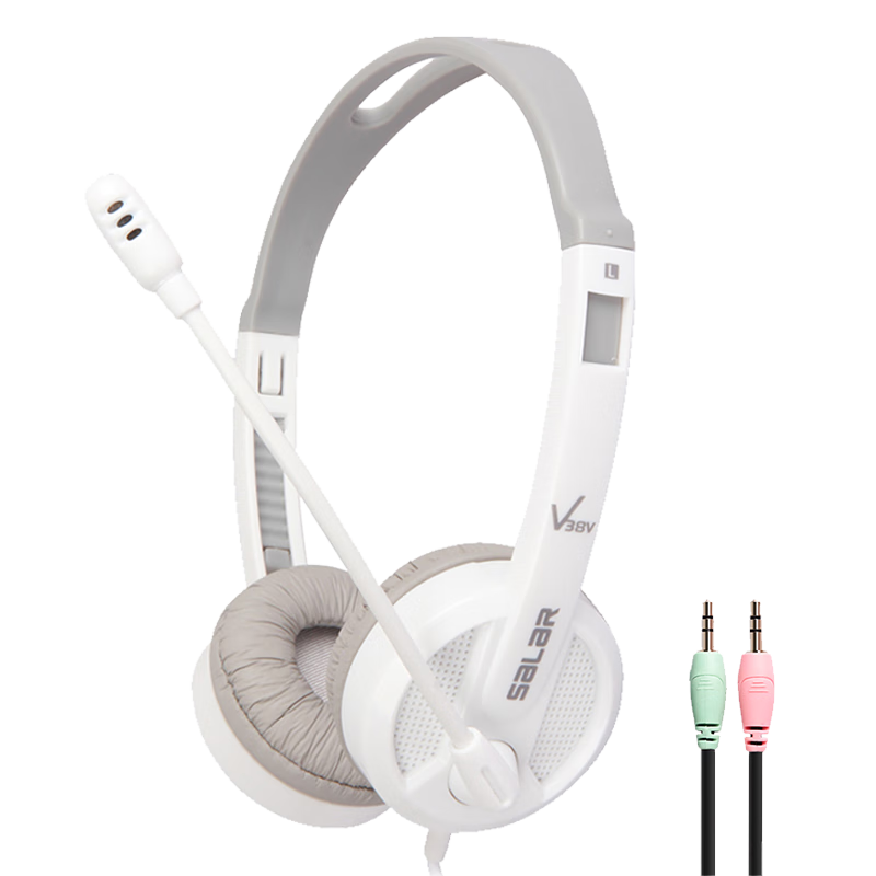 SaLaR V38 Laptop Headphones with Microphone, Wired Headphones with Dual Plugs, Suitable for Lenovo, ASUS, HP, Dell, English Learning, Noise Reduction, Microphone with White Double