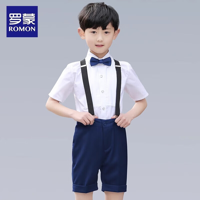 ROMON Boys' Formal Suit Set for Summer Graduation Performances, Black Short Suspender Outfit, Five-Piece Set, Size 140