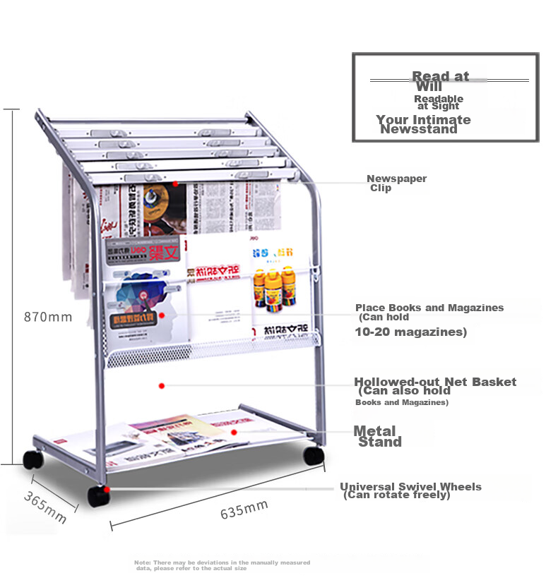 Deli Five-Tier Aluminum Alloy Clip Newspaper Rack Magazine Stand Bookshelf, Promotional Periodical Display Shelf, Floor-Standing Rack Office Storage Shelf, Height 0.87 Meters 9