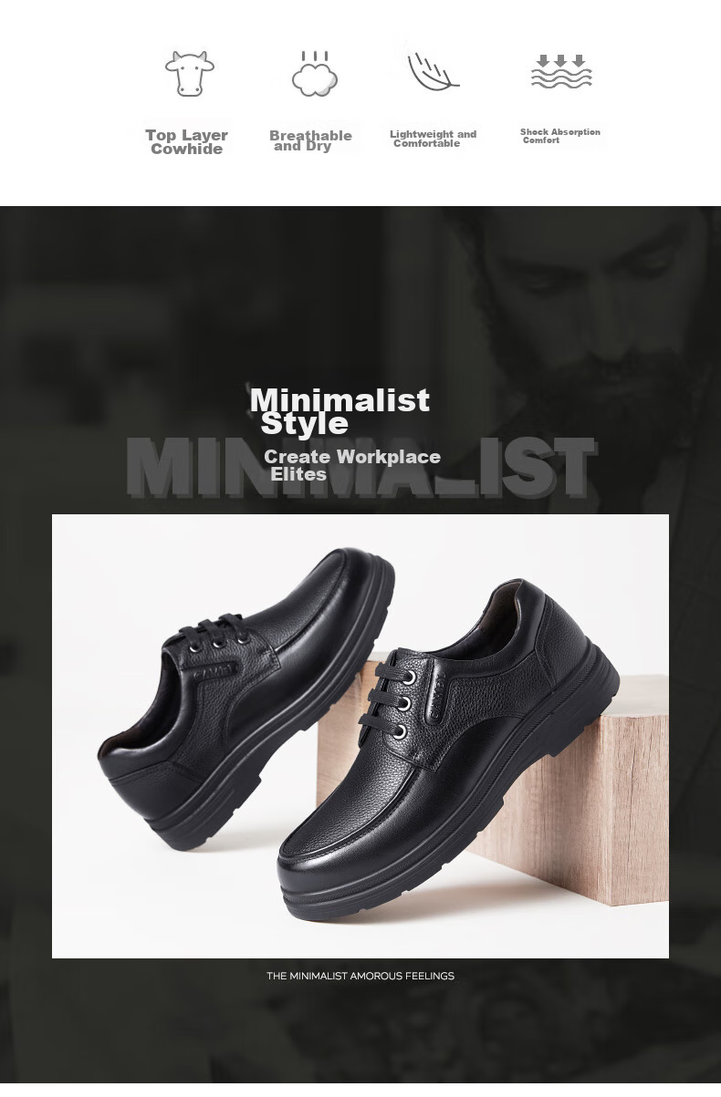 CAMEL Leather Lace-Up Middle-Aged Dad Shoes, Height-Increasing Classic Business Casual Leather Shoes for Men, G15A211067, Black, Size 38 2