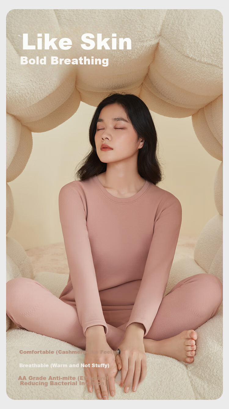 HLA [Xiaohuo-7 Fen Huo] Women's Thermal Underwear, Fleece-Lined Warm Ginger Heating Patch, Thickened Autumn Top And Pants Set 10