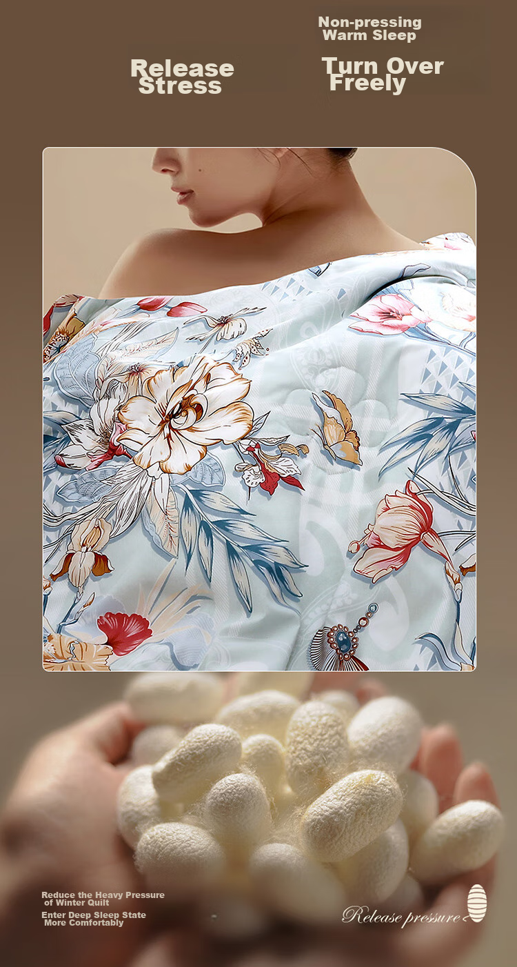 FUANNA Yumingshun 100% Silk Comforter for Winter, Single Warm Thick Duvet Insert, 4 Jin (2kg), 152*210cm, Gree 11