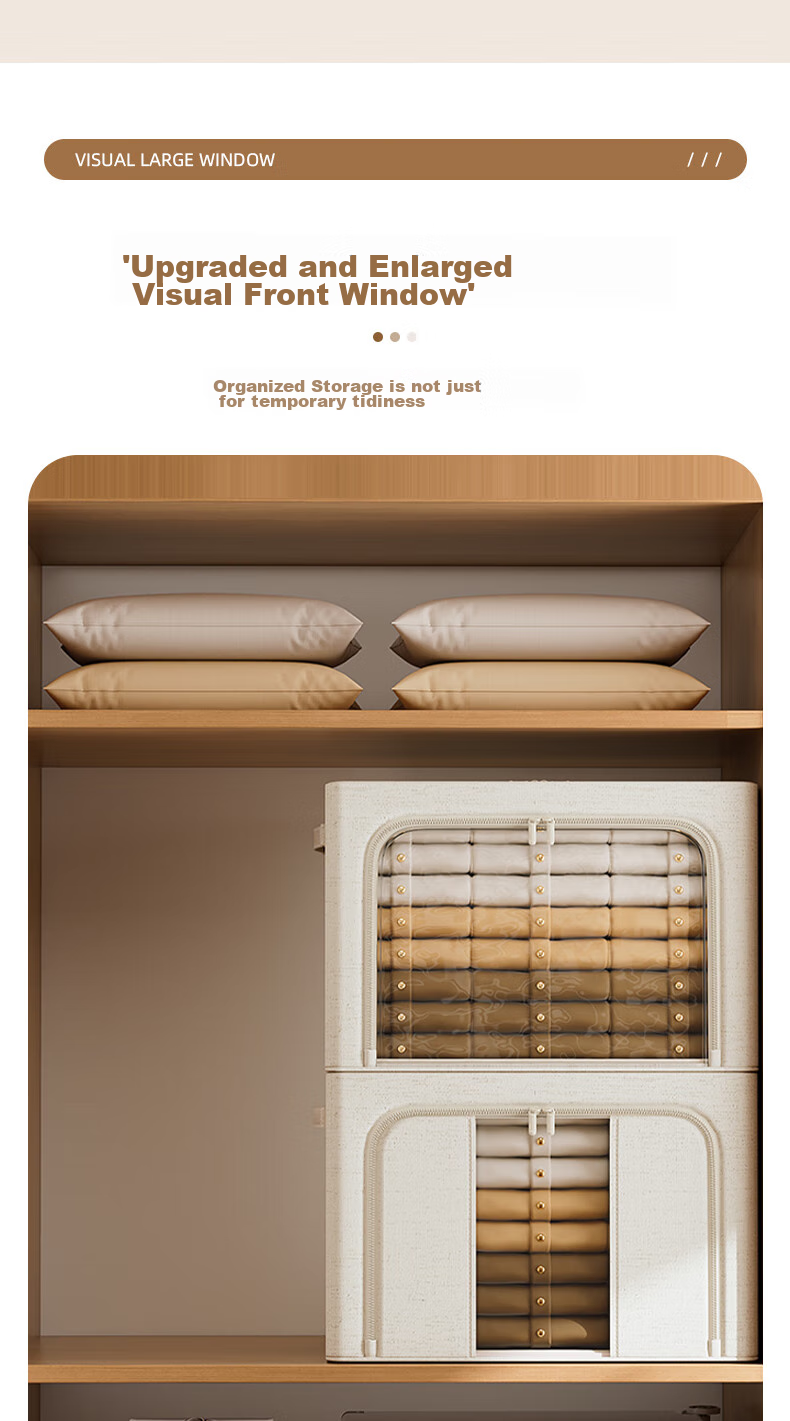 Bangnimeijia Tianshan Cotton And Linen Antibacterial Clothing Storage Box, Foldable Wardrobe Organizer for Clothes And Quilts, Cream Color, 66L 4