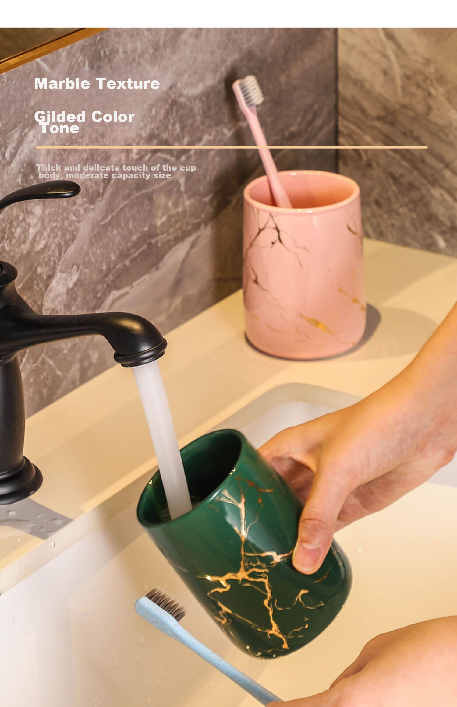 Fanyejia 3-Piece Marble Gold Pattern Bathroom Cup Set for Guesthouse And Home Use, Ceramic Mouthwash Cups for Couples, High-End Set 8