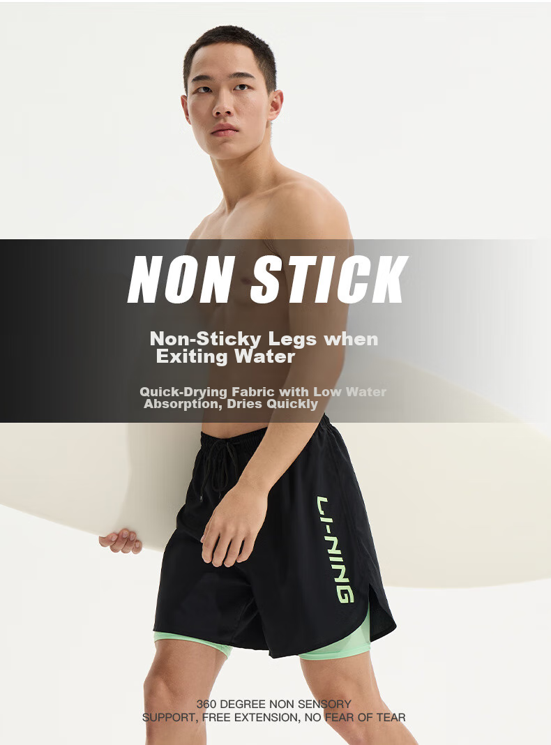 Li-Ning Swimming Trunks for Men, Quick-Drying Sports Swim Shorts, Anti-Embarrassment, Knee-Length, Double-Layered, Anti-Exposure, Beach Vacation Shorts, 814 Black, Size M 5