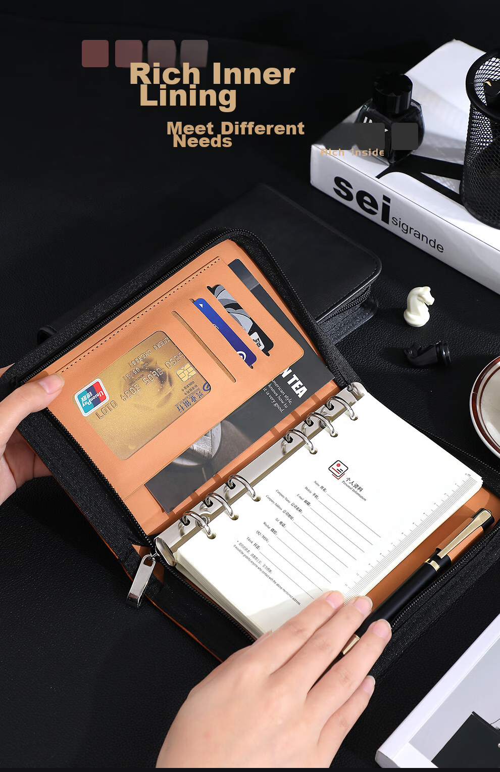 Jiaranheng A6 Business Loose-Leaf Notebook, Multifunctional Zipper Notebook, Detachable And Replaceable Inner Pages, Simple Meeting Record Book, Work Diary, Customizable, Black 2
