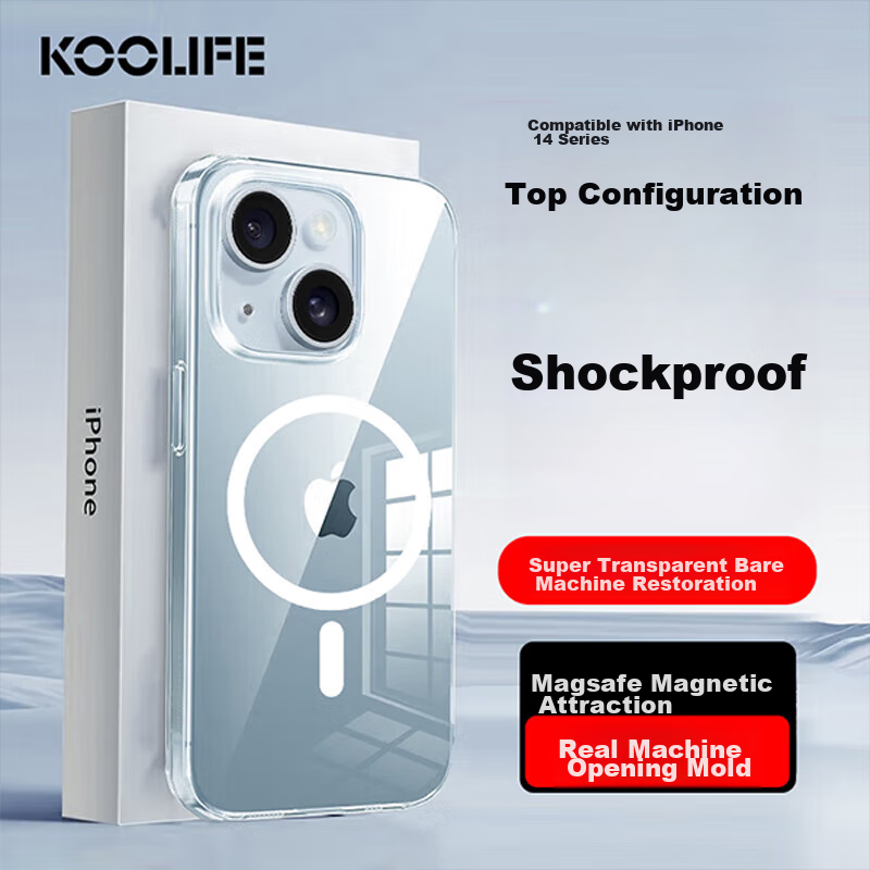 Чехол для Apple iPhone 14 KOOLIFE, MagSafe, прозрачный, PC+TPU, тонкий, противоударный, с магнитной защитой