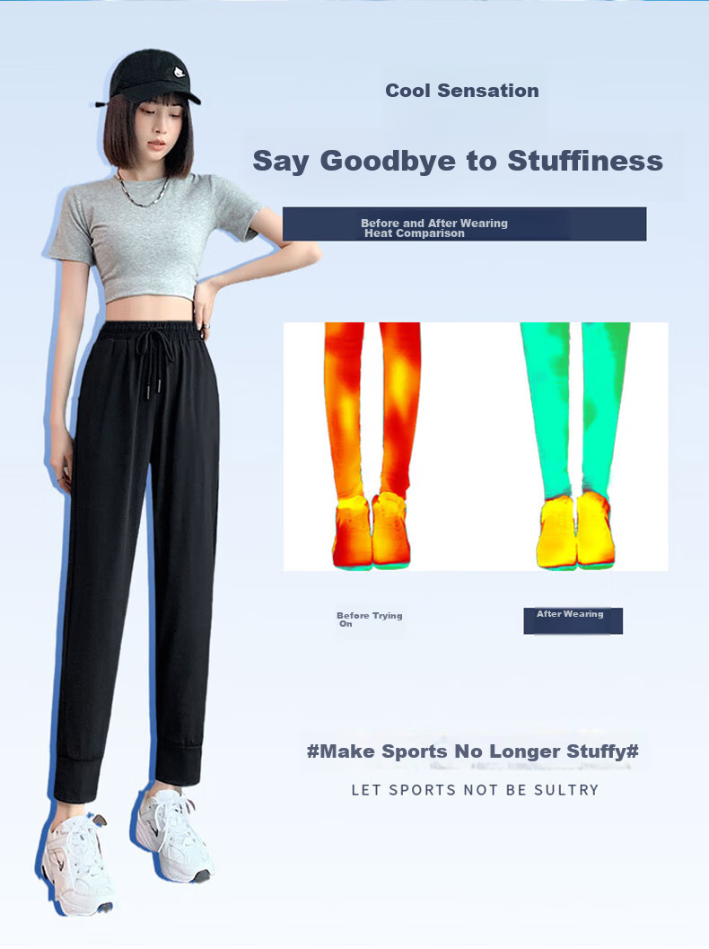 XUEXIMAN Ice Silk Sports Pants for Women, Summer Lightweight Loose Casual Pants, Elastic Ankle Harem Black Slimming Quick-Dry Women's Trousers Black 3