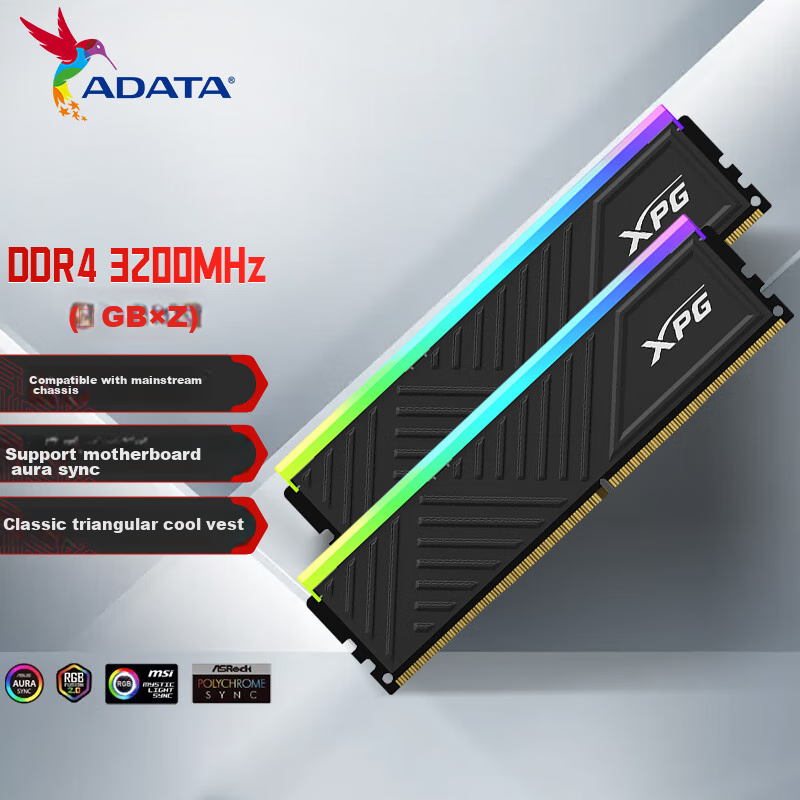 ADATA, 16GB (8GB*2) Kit, DDR4 3200MHz, Desktop Memory Module, XPG Longyao D35G, Black Gaming RGB RAM