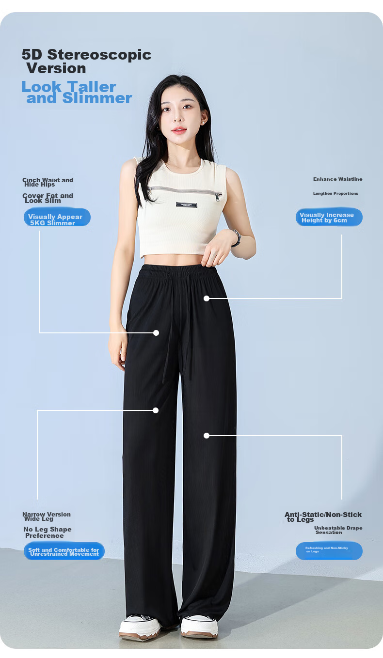FitonTon Ice Silk Wide-Leg Pants for Women, Summer Lightweight High-Waist Draping Trousers, Loose Straight Casual Floor-Length Pants, Black, Size S 6