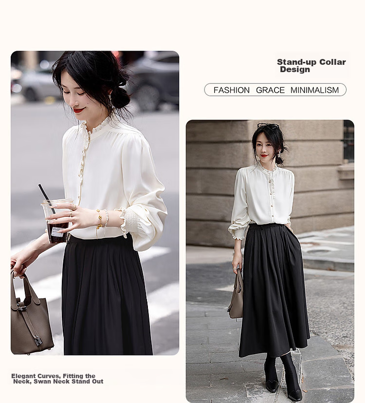 Dme [Ruched Shiny Blouse] Spring And Autumn French Style Women's Elegant Ruffle Stand Collar Pleated Blouse Women's Top 6