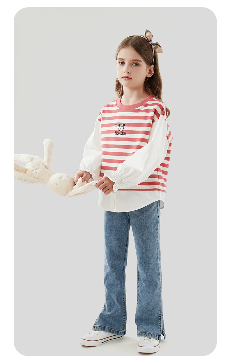 Disney Girls' Sweatshirt Spring And Autumn Children's Long-Sleeve Shirt Casual Top for Older Kids Z233037 Red And White 120cm 6