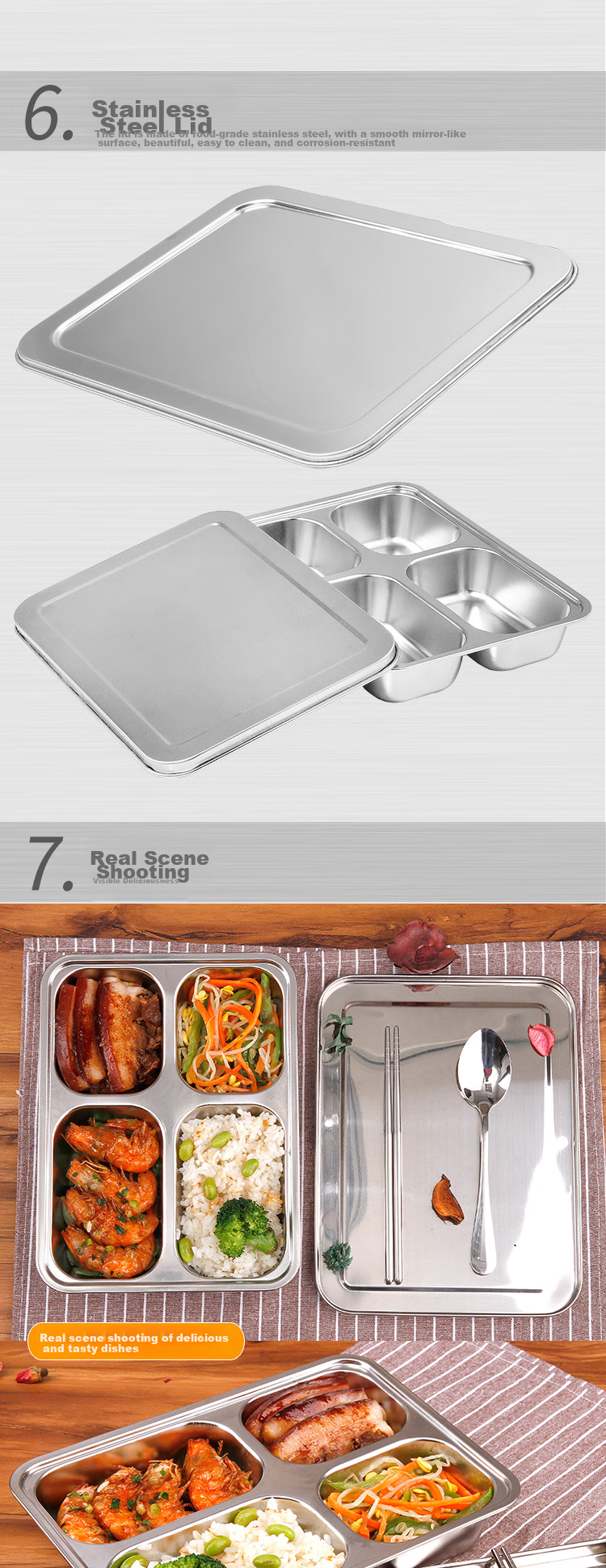 Golden Key 304 Stainless Steel Thickened Adult Lunch Tray Full Steel High-Profile Five-Compartment with Lid GK-530KC 4