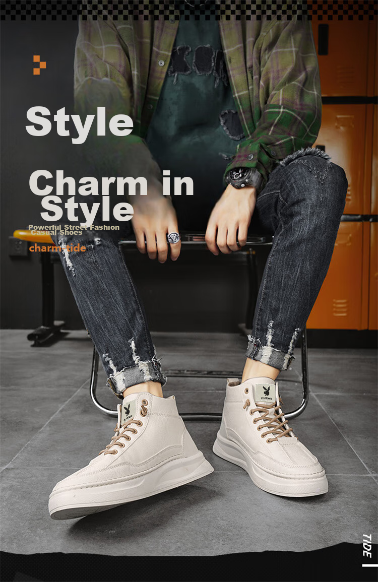 PLAYBOY Men's Shoes, Autumn And Winter High-Top Shoes, Fashionable Sneakers for Men, Trendy White Shoes, Beige, Size 39 1