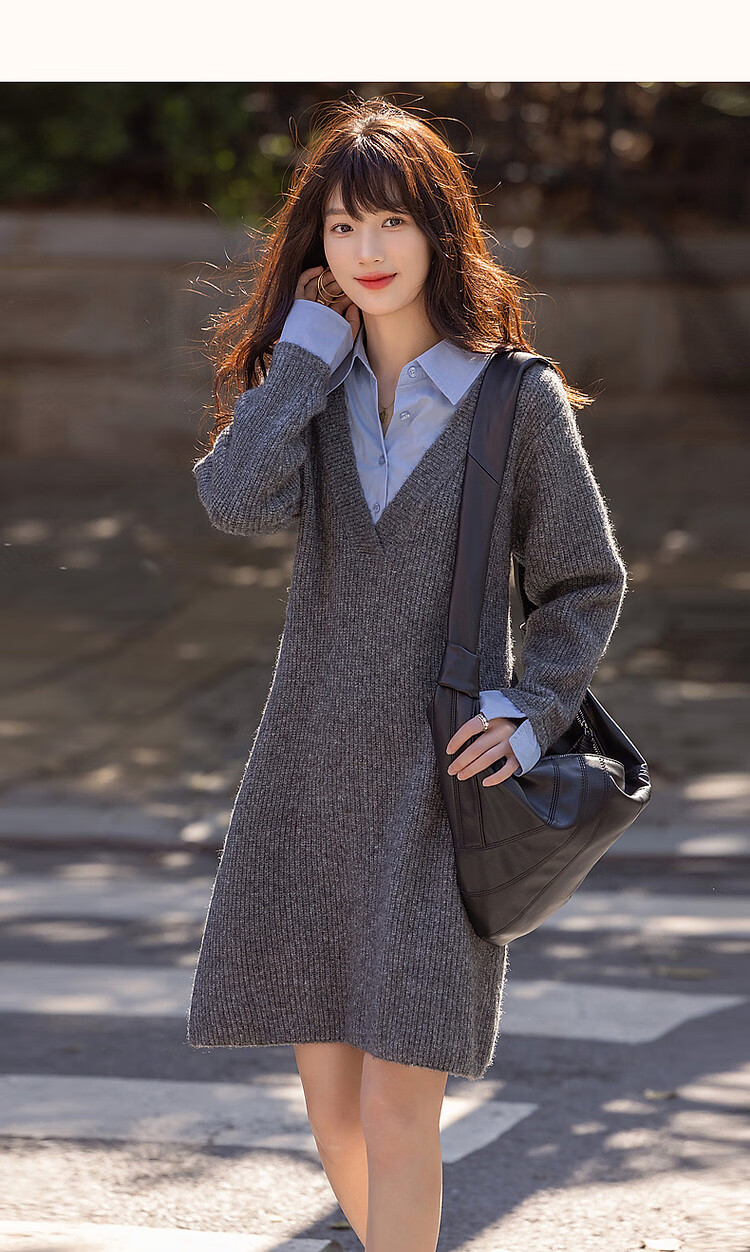 Dme [Tianyan Gaozhi Chande] Winter Faux Two-Piece Color-Block Belt with Breathable Merino Wool A-Line Dress for Wome 14