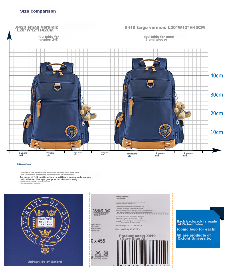 OXFORD Oxford University Backpack for Elementary School Boys, Back-To Gift for Children, Large Opening Lightweight Casual Double Shoulder Bag for Grades 4-6, Fashionable British Style X419-1 (Dark Blue) 2