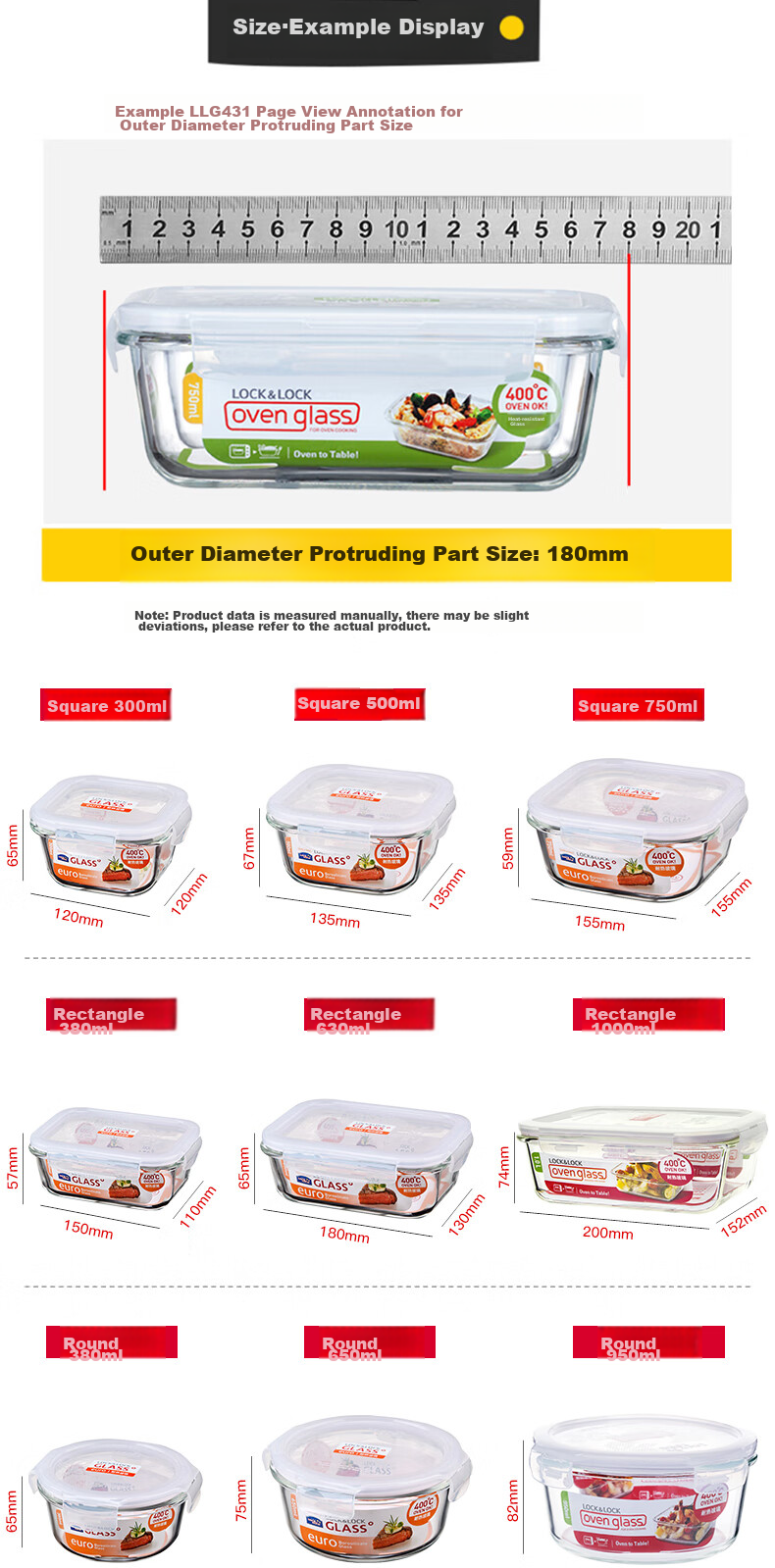 LOCK&LOCK Heat-Resistant Glass Food Storage Container, Large Capacity Lunch Box, Noodle Bowl, Sealed Bento Box, Meal Container, Refrigerator Storage Box, 950ML 4