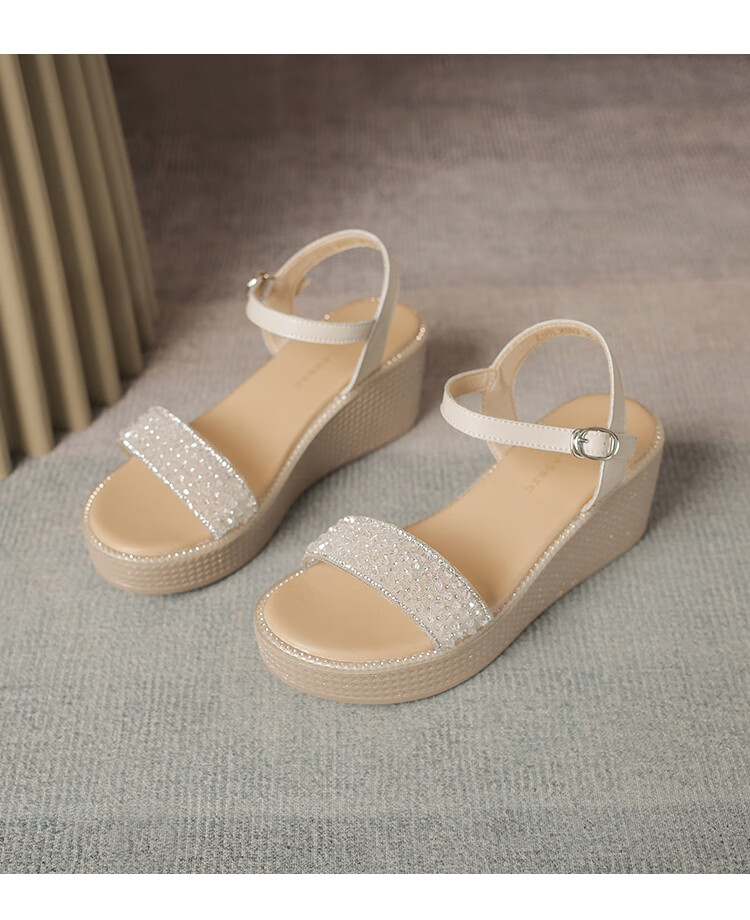 ZHR Women's Sandals, Summer Height-Increasing Soft-Soled Wedge Sandals, Comfortable Buckle Strap Women's Shoes, M582, Beige, Size 37 16