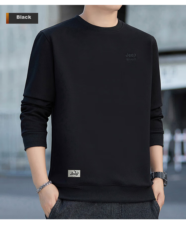 JEEP SPIRIT Men's Sweatshirt, Spring Korean Style, Round Neck Long Sleeve T-Shirt, Base Layer, Men's Clothing, Black, Size L 17