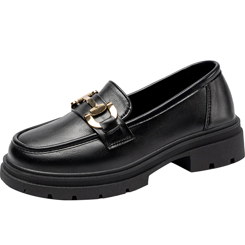ZHR Women's Loafers, Soft-Soled Versatile Round-Toe Leather Shoes, British Style Chunky Heel Women's Shoes, OFTEP06, Black, Size 38