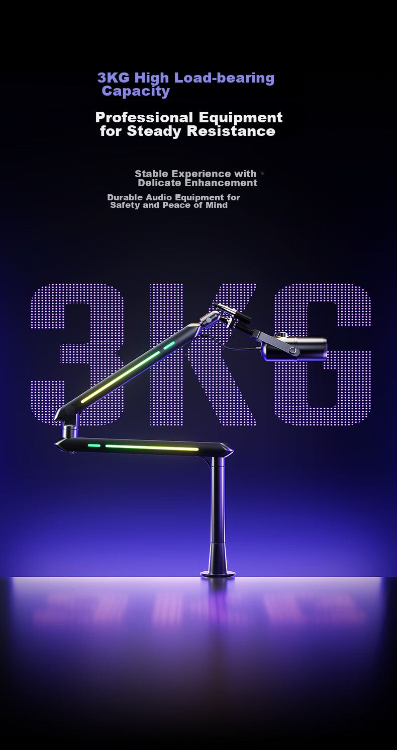 HUMANEX Light-Sensitive Microphone Stand, Suspended Arm Desktop Stand, Live Streaming Speaker, 3KG Load Capacity, Three-Section Foldable Atmosphere RGB Universal Stand, Elegant White 3