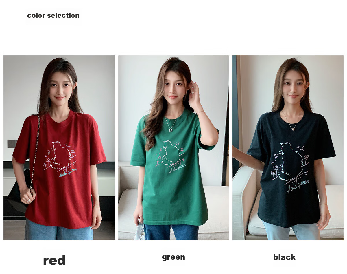 Halo Queen Women's Short-Sleeve T-Shirt, Summer Lightweight Round Neck Tee, American Sweet Cool Cat Print Half-Sleeve Top H143T1409 59