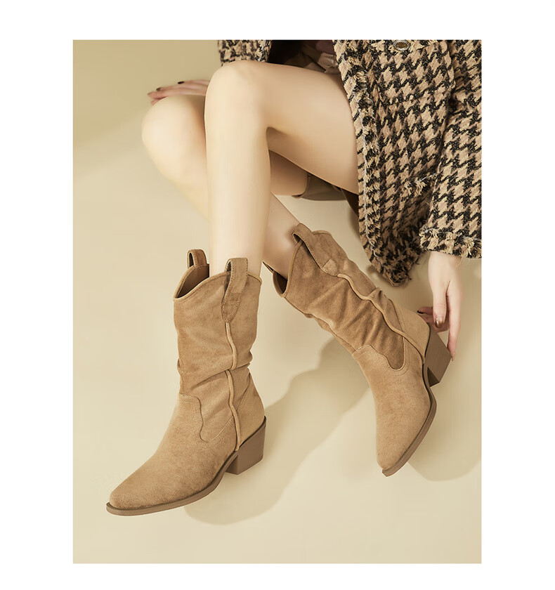 DAPHNE Pointed Toe Western Boots for Women with Fleece Lining, Chunky Heel, Versatile Retro Mid-Calf Boots, Khaki with Fleece Lining, Size 35 7