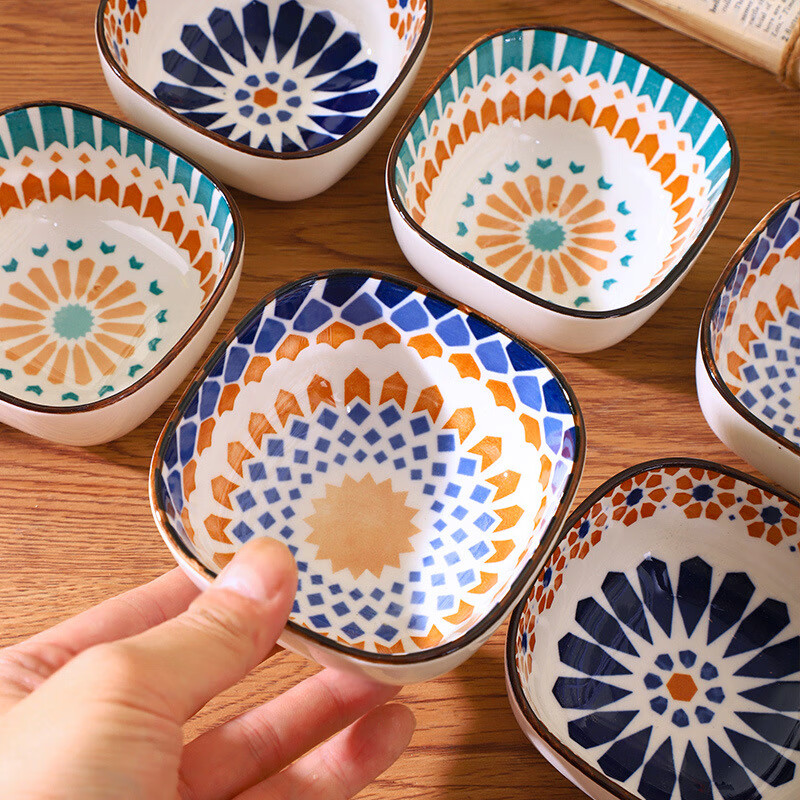 Canjiangjun Dipping Sauce Dishes, Snack Plates, Underglaze Ceramic Japanese-Style Home Dipping Bowls, Seasoning Plates, Set of 6 Bowls without Trays