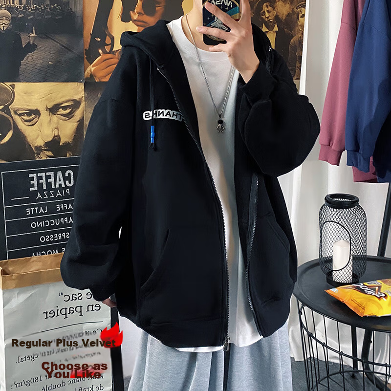 Foss Phil Men's Jacket, Spring And Autumn Large Size Cardigan Sweatshirt, Hooded Sports Top, Loose-Fitting Jacket JK2080, Black, XL