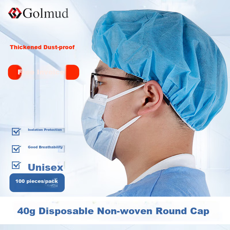 Golmud Disposable Head Covers, 100 Pieces/pack, Blue, Non-Woven Fabric Hat, 40g Thickened Round Cap, GM7901