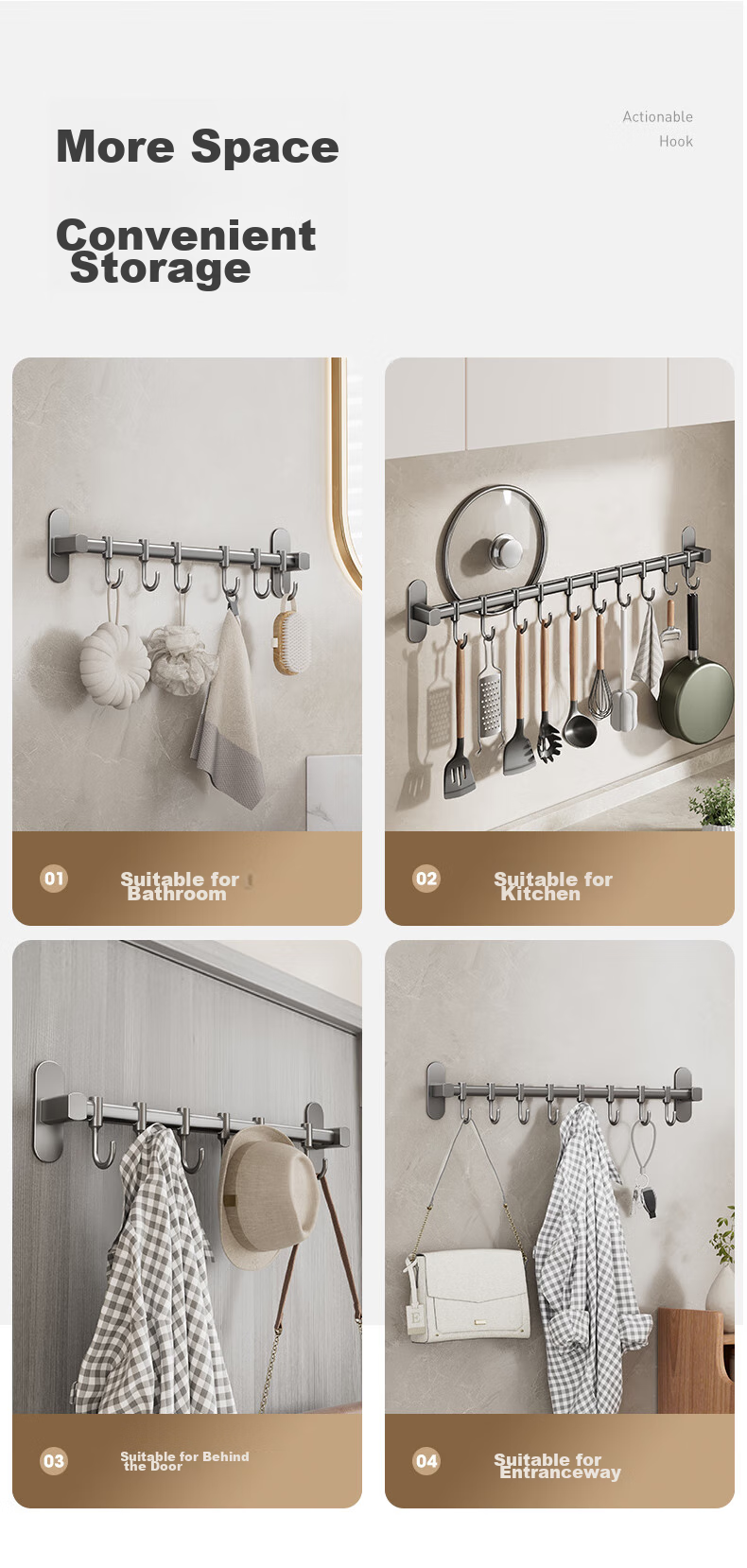 Cobbe White Kitchen Hooks, No Drilling Required, Hanging Rod Storage Rack, Wall-Mounted Hook Organizer, Kitchen Utensil Hanger, Pot Lid Storage Shelf 6