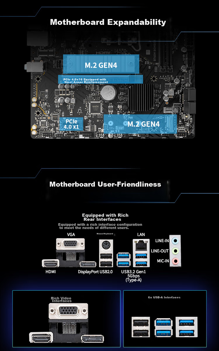 MSI B760M BOMBER DDR4 Explosion-Proof Computer Motherboard, Compatible with CPU 13490F/14600KF/14490F/12490F (INTEL B760/LGA 1700) 3