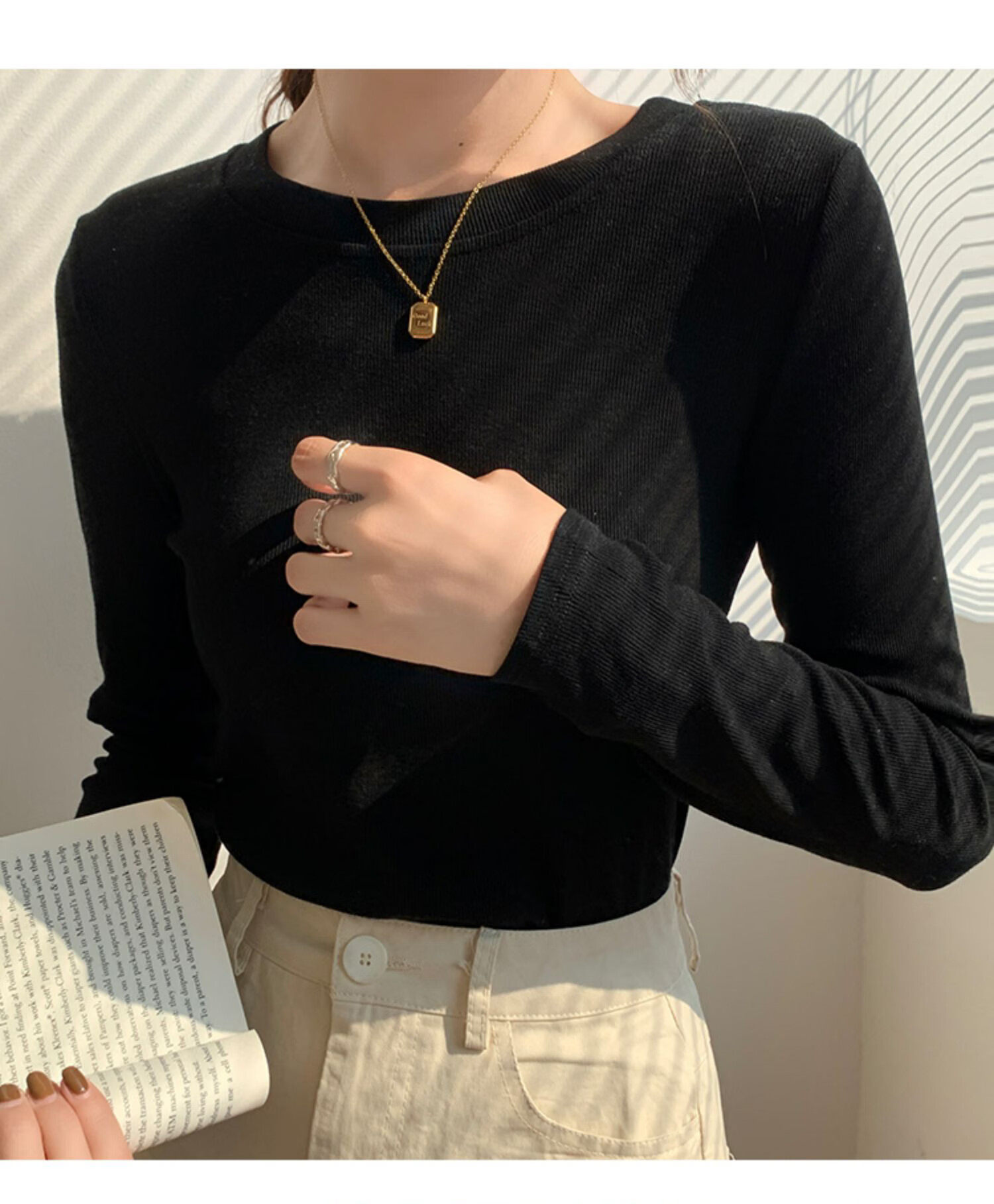 YUZHAOLIN Women's Base Layer Top for Spring And Autumn, Thin Undershirt, Round Neck Ribbed Black And White Long-Sleeve T-Shirt for Fall And Winter 13